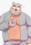  2021 anthro black_nose blush bottomwear brown_body clothing hi_res humanoid_hands kemono kick_(artist) male mammal overweight overweight_male pants shirt simple_background solo topwear ursid 