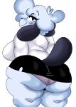  anthro big_butt blue_body blue_fur blue_hair bottomwear breasts butt canid canine canis clothed clothing debbie_(lewd_dorky) domestic_dog female fur hair huge_butt lewd_dorky looking_at_viewer looking_back looking_back_at_viewer mammal miniskirt panties skirt solo thick_thighs underwear 