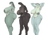  absurd_res anthro audunor belly big_breasts big_nipples breasts brown_body brown_fur countershade_belly countershade_breasts countershade_torso countershading featureless_crotch female fish fur glistening glistening_body glistening_skin green_body green_fur group hands_behind_head hi_res holding_breast humanoid lips mammal marine monster muscular muscular_female nipples no_pupils nude pose sharp_teeth side_view simple_background standing teeth thick_lips thick_thighs tongue tongue_out white_background wide_hips 