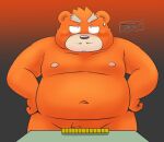  2021 anthro belly black_nose blush bodily_fluids humanoid_hands kemono male mammal moobs navel nipples orange_body overweight overweight_male solo sweat toshi_(artist) ursid 