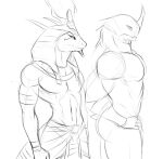  2017 amun_(girokett) anthro butt clothing dragon duo egyptian_clothing front_view girokett greyscale hand_on_hip khepri male monochrome muscular muscular_male simple_background sketch standing unfinished white_background 