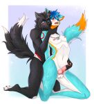  2_tails anthro arctic_wolf asphyxiation black_body black_fur blue_eyes blue_hair canid canine canis choking dire_wolf dog_tags duo falcon_woodwere fur genitals hair hands_behind_back hi_res kneeling male male/male mammal moan moaning_in_pleasure multi_tail multicolored_body multicolored_fur nipple_piercing nipples penis piercing pink_penis reach_around red_eyes smile smirk wolf yokokato 