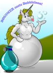  anthro balloon blep bottle bubble calbeck equid equine hi_res horn inflatable inflation magic_inhibitor male mammal solo tongue tongue_out transformation unicorn 