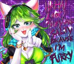  2021 anthro blush bracelet breasts claws cleavage clothed clothing dialogue domestic_cat english_text felid feline felis female fur gesture green_claws green_clothing green_hair green_shirt green_topwear hair headphones hi_res jewelry kami_bakeneko looking_at_viewer mammal paladins pointing pointing_at_viewer ring salt_(paladins) shirt solo talking_to_viewer text topwear white_body white_fur 