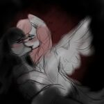  &lt;3 1:1 anthro black_body black_fur black_hair blue_eyes blush bodily_fluids breasts canid canine canis demon duo ears_down eye_contact female female/female fur genital_fluids grey_background grey_body grey_fur hair hi_res holding_(disambiguation) humping_leg implied_lesbian kissing komiko komikoe lap_sit looking_at_another making_out mammal messy messy_hair messy_tail paws pink_hair pivoted_ears pussy_juice raised_tail simple_background sketchy snout spread_wings squish thigh_squish white_body white_fur wings wolf wolfwithwing 