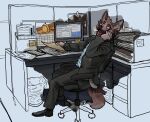  2021 anthro biped brown_body brown_fur canid canine clothed clothing detailed_background footwear fur hi_res holding_object holding_phone male mammal mawfulme office open_mouth phone phone_call shoes sitting solo suit 