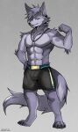  absurd_res anthro bulge canid canine canis fan_character hi_res male mammal midnight_blue muscular pose shots solo wolf 