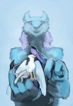  alternate_species anthro avian blue_body der duo feral green_eyes greiser gryphon gyro_tech hi_res male micro mythological_avian mythology petting petting_head pink_body sergal size_difference 