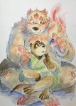  2021 absurd_res anthro aotadobukitch brown_body canid canine duo fire hi_res humanoid_hands hybrid kemono lutrine magic male mammal mustelid overweight overweight_male raccoon_dog sitting tanuki ursid 