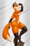  2:3 anthro athletic athletic_female biceps blackbetty breasts butt canid canine female fox fur hair hi_res julie_brooks looking_at_viewer mammal muscular nipples nude pose simple_background smile solo thick_thighs toned_female 