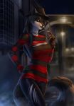  2021 anthro black_hair black_nose blades blue_eyes breasts clothed clothing digital_media_(artwork) elvofirida eyebrows eyelashes female freddy_krueger hair hi_res jewelry legwear mammal necklace night nightmare_on_elm_street procyonid raccoon sila_dione solo standing street torn_clothing weapon 