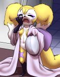  3_fingers anthro bandai_namco breasts clothing detailed_background digimon digimon_(species) facial_markings fan_character female fingers fur furball_(artist) genitals head_markings hi_res holding_object hybrid impmon inside markings nipples open_mouth pillow pussy renamon renimpmon renimpmon_x robe short_stack solo standing yawn yellow_body yellow_fur 