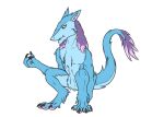  absurd_res alternate_species anthro blue_body claws crouching doesnotexist green_eyes gyro_tech hi_res looking_at_hand male pink_body sergal solo 
