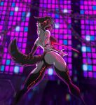 aggressive anthro ascar_angainor bearing_fangs bodily_fluids canid canine canis cyberpunk female genital_fluids hi_res mammal mantis_blades nude pink_background prosthetic prosthetic_arm prosthetic_limb pussy_juice simple_background solo tagme weapon wolf 