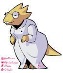  alphys anthro barefoot breasts buckteeth clothed clothing coat doutor english_text eyes_closed feet female front_view fully_clothed hi_res lab_coat leaning leaning_forward non-mammal_breasts pigeon_toed satisfied scales signature simple_background smile solo standing teeth text thick_tail three-quarter_view topwear undertale undertale_(series) video_games wide_hips yellow_body yellow_scales 