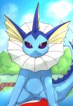  ambiguous_gender blue_body clothed clothing digital_media_(artwork) duo eeveelution feral fin first_person_view hi_res human looking_at_viewer mammal nintendo on_top pok&eacute;mon pok&eacute;mon_(species) sitting sky smile solo_focus the_creacher vaporeon video_games water 