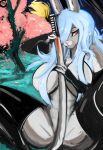  anthro blood blue_hair bodily_fluids breasts clothing dirtyscoundrel female fur grey_body grey_fur hair hi_res katana lagomorph leggings legwear leporid mammal melee_weapon moon obscured_pussy pink_eyes pink_nose plant rabbit solo sword thigh_highs tree weapon 