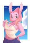  absurd_res anthro beach blep breasts cleavage clothed clothing female fur hair hand_on_hip hi_res kimako-desu lagomorph leporid mammal pink_body pink_fur pink_hair rabbit seaside solo tongue tongue_out 