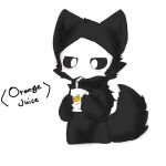  1:1 4_fingers ambiguous_gender anthro beverage black_body black_fur black_sclera blush canid canine canis changed_(video_game) chano cheek_tuft chest_tuft drinking drinking_straw english_text facial_tuft fingers fur goo_creature head_tuft holding_object inner_ear_fluff mammal mask navel no_pupils orange_juice puro_(changed) simple_background solo text tuft white_background white_eyes wolf 