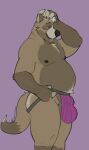  2021 anthro balls_outline belly black_nose brown_body bulge canid canine clothing genital_outline horrorbuns humanoid_hands jockstrap male mammal moobs nipples overweight overweight_male raccoon_dog simple_background solo tanuki underwear 