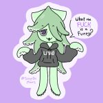  ambiguous_gender animal_humanoid anthro cephalopod cephalopod_humanoid clothing dialogue front_view green_body green_hair hair hoodie humanoid long_hair marine marine_humanoid mollusk mollusk_humanoid open_mouth profanity pseudo_hair purple_eyes smug solo soup_(souponmars) souponmars squid_humanoid sweater tentacle_hair tentacles topwear 