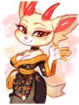 absurd_res animal_crossing anthro asian_clothing breasts cervid cleavage clothed clothing collar digital_media_(artwork) east_asian_clothing female gesture hi_res horn japanese_clothing kimono looking_at_viewer mammal nintendo off_shoulder shino_(animal_crossing) solo twistedhiccy video_games waving 
