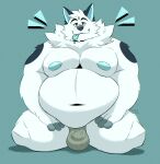  2021 anthro balls_outline belly black_nose blue_background bulge canid canine canis domestic_dog genital_outline hi_res humanoid_hands male mammal moobs navel nipples overweight overweight_male penis_outline simple_background smashbeaw solo tongue tongue_out white_body 