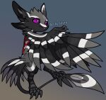  2021 anthro avali avali_(original) biped black_body black_feathers black_wings blitzdrachin claws clothing conditional_dnp digital_drawing_(artwork) digital_media_(artwork) digitigrade feathered_wings feathers glistening glistening_eyes gradient_background grey_body grey_feathers inner_ear_fluff looking_at_viewer multicolored_body multicolored_feathers multicolored_wings open_mouth purple_eyes simple_background solo sweater toe_claws topwear tuft watermark white_body white_feathers wings 
