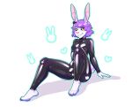  2021 clothing digital_media_(artwork) eyebrows eyelashes feet fingers hair hare lagomorph leporid mammal purple_hair rd406 rubber rubber_clothing rubber_suit smile toes yellow_eyes 