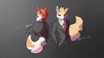  16:9 anthro black_nose canid canine canis clothing domestic_dog duo front_view fur green_eyes hair hi_res inner_ear_fluff male mammal necktie orange_body orange_eyes orange_fur orange_tail rear_view red_body red_ears red_fur red_hair red_inner_ear_fluff red_necktie suit tan_body tan_ears tan_fur tan_hair tan_tail tongue tongue_out tuft white_body white_fur white_inner_ear_fluff white_tail widescreen wolf x1aoyaoya 