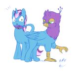  avian blue_body duo equid equine feathered_wings feathers green_eyes gryphon gyro_feather gyro_tech gyrotech hasbro hi_res hooves horn male mammal mane my_little_pony mythological_avian mythology pink_body quadruped selfcest square_crossover sycotei-b tail_stroking unicorn unicorn_horn wings 