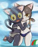  anthro ball beach_ball bigmi_nono bikini blush body_blush breasts butt butt_blush clothed clothing domestic_cat doodle_champion_island_games duo embrace felid feline felis female female/female google google_doodle halloween holidays hug inflatable inner_ear_fluff looking_at_viewer looking_back looking_back_at_viewer lucky_(google) magic_cat_academy mammal momo momo_(google) navel outside partially_submerged rear_view slightly_chubby swimwear tuft wet 