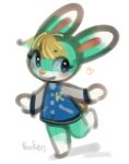  &lt;3 ambiguous_gender animal_crossing anthro blonde_hair blue_eyes blush blush_stickers chibi clothing digital_media_(artwork) dipstick_ears eyelashes fur green_body green_fur hair jacket lagomorph leg_markings leporid looking_aside mammal markings multicolored_ears nintendo on_one_leg panken pink_nose rabbit sasha_(animal_crossing) simple_background smile socks_(marking) solo standing topwear video_games white_background 