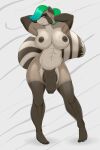  2:3 abs anthro athletic athletic_anthro balls biceps big_breasts big_penis blackbetty breasts butt canid canine fur genitals gynomorph hair hi_res humanoid_genitalia humanoid_penis intersex looking_at_viewer mammal muscular nipples nude penis pose procyonid raccoon roxie_raccoon simple_background smile solo thick_thighs 
