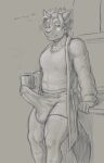  9:14 anthro balls_outline beverage big_bulge biped bodily_fluids bulge canid canine clothed clothing coffee coffee_mug detailed_bulge dialogue dragon dripping erection erection_under_clothing fox genital_fluids genital_outline hair hi_res hybrid jin_(jindragowolf) jindragowolf looking_at_viewer male mammal monochrome morning_wood muscular penis_outline precum precum_drip precum_through_clothing scalie smile solo standing underwear wet wet_clothing 