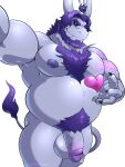  &lt;3 3:4 absurd_res anthro balls beard belly bovid caprine chest_tuft crown facial_hair genitals goat grey_body hair hi_res horn kurgore looking_at_viewer maldu male mammal nipples nude overweight overweight_anthro overweight_male pecs penis pubes purple_hair simple_background solo tuft white_background 