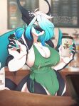  2021 5_fingers anthro apron apron_only big_breasts blue_eyes blue_hair blurred_background bodily_fluids breasts cetacean clothing container cup delphinoid dialogue digital_media_(artwork) dragon english_text female fingers green_apron hair hair_over_eye hi_res holding_cup holding_object hybrid i_mean_breast_milk lactating lactating_through_clothing licking licking_lips licking_own_lips looking_at_viewer mammal marine meme mostly_nude multicolored_hair oceanic_dolphin one_eye_obstructed open_mouth orca pen penelope_(rainbowscreen) rainbowscreen self_lick small_waist solo talking_to_viewer text tongue tongue_out toothed_whale two_tone_hair wet wet_clothing white_hair wings 