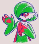  abs blush dyhot_(s-f-d) eyeliner eyeshadow gardevoir green_body green_hair hair heart_marking hi_res looking_at_hand makeup male nintendo pok&eacute;mon pok&eacute;mon_(species) red_eyes scarf secrets-from-dark simple_background slightly_muscular solo video_games white_body 