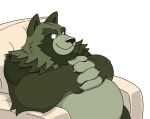  2021 anthro belly black_nose canid canine furniture green_body hi_res humanoid_hands male mammal overweight overweight_male raccoon_dog runxforest simple_background sitting sofa solo tanuki white_background 