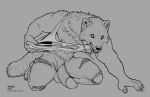  2021 anthro canid canine claws clothing digital_media_(artwork) erection finger_claws genitals grey_background greyscale hi_res jewelry male mammal monochrome necklace omari penis penis_through_fly poking_out simple_background solo torn_clothing were werecanid werecanine werewolf 