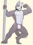  2021 abs anthro biceps big_muscles bulge canid canine canis claws clothing collar eye_patch eyebrows eyewear flexing fur hair hi_res jockstrap jrjresq looking_at_viewer male mammal muscular muscular_anthro muscular_male narrowed_eyes navel nintendo nipples pecs pole simple_background smile solo standing star_fox stripper_pole tuft underwear video_games white_background wolf wolf_o&#039;donnell 