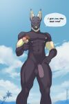  2:3 anthro anubian_jackal balls beach big_penis canid canine canis cloud dessert dialogue english_text flaccid food foreskin genitals hi_res humanoid_genitalia humanoid_penis ice_cream jackal male mammal multi_nipple nipples noxu osahar_(securipun) penis public public_nudity seaside smile smiling_at_viewer solo speech_bubble text 