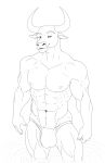  abs absurd_res anthro bovid bovine bulge hi_res horn humanoid male mammal monochrome muscular nipples pecs smile solo water zwolf 
