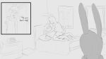  16:9 4k absurd_res agidyne anthro bed caught clock clothing cousins dialogue female furniture group head_tuft hi_res incest_(lore) lagomorph male male/female mammal monochrome pillow poster rose_(agidyne) shirt stephen_(agidyne) straddling t-shirt text topwear tuft widescreen window 