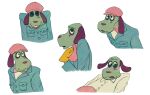  2021 anthro blush bow_tie canid canine canis clothing cseed domestic_dog fur green_body green_fur hat headgear headwear hunting_dog jacket looking_at_viewer lying male mammal on_back scent_hound sherlock_hound_(series) sketch_page smiley_(sherlock_hound) solo tongue tongue_out topwear 