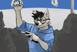  2021 5_fingers anthro blue_clothing blue_eyes blue_hoodie blue_topwear brown_hair canid canine clothed clothing eyewear fingers glasses group hair hi_res holding_object holding_phone hoodie male mammal mawfulme phone solo_focus topwear 