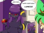  2021 4:3 absurd_res anthro black_body black_fur breasts brown_eyes cellphone clothing digital_media_(artwork) door duo eeveelution english_text eyewear female fur glasses green_hair hair happy_birthday hi_res inside jaspixie leafeon luneiumbreon_(mintyspirit) nintendo open_mouth phone pok&eacute;mon pok&eacute;mon_(species) purple_hair red_eyes red_sclera smile sunnyleafeon_(mintyspirit) sweater text topwear umbreon video_games white_door yellow_body 