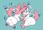  &lt;3 ambiguous_gender blue_pawpads blue_paws butt duo eeveelution feral hi_res looking_at_viewer looking_back looking_back_at_viewer lying mammal nintendo on_front open_mouth open_smile pawpads paws pink_paws pok&eacute;mon pok&eacute;mon_(species) smile smiling_at_viewer smug sylveon video_games wolfwithwing 