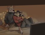  2021 anthro barefoot biped blue_eyes blush bottomwear brown_hair canid canine canis clothed clothing cuddling domestic_dog duo embarrassed feet hair hi_res male male/male mammal mawfulme red_clothing sitting topwear 