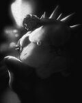  2021 anthro armband belly big_belly big_bulge big_muscles black_background bowser bulge clothed clothing erection erection_under_clothing eyebrows greyscale guide_lines hair hi_res horn huge_bulge huge_muscles koopa looking_at_viewer low-angle_view male mario_bros monochrome musclegut muscular muscular_anthro muscular_male navel nintendo nipple_piercing nipple_ring nipples pecs piercing rakomadon scalie shell simple_background solo spiked_armband spiked_shell spikes spikes_(anatomy) standing tenting underwear video_games 
